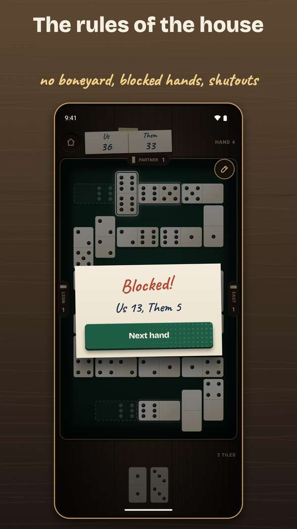 The rules of the house: no boneyard, blocked hands, shutouts. A blocked hand and its score.
